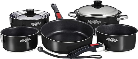 Magma 10 Piece Gourmet Nesting Stainless Steel Cookware Set with Ceramica Non-Stick, Induction Compatible, Oven Safe to 500°F - Suitable for All Stovetops, Removable Handles, Jet Black