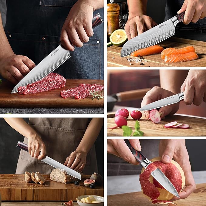 5 Pcs Chefs Kitchen Sharp Knife Set - Japanese Professional Cooking Cutting Knives for Meat Vegetable Bread and Paring, High Carbon Stainless Steel Santoku