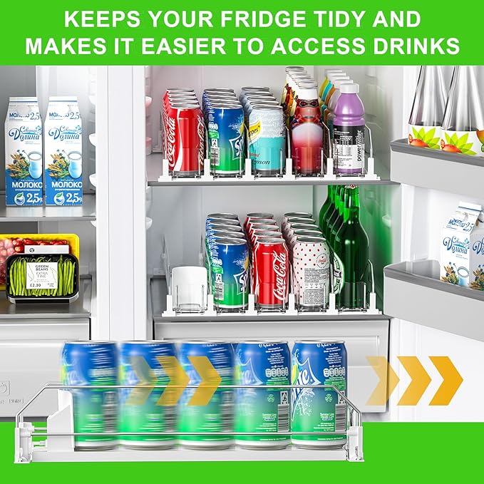 Upgraded Drink Organizer for Fridge, Space-Saving Fridge Drink Organizer, Automatic Pusher Glide and Adjustable Width Drink Dispenser for Fridge - Holds Up to 25 Cans (5 Rows White)