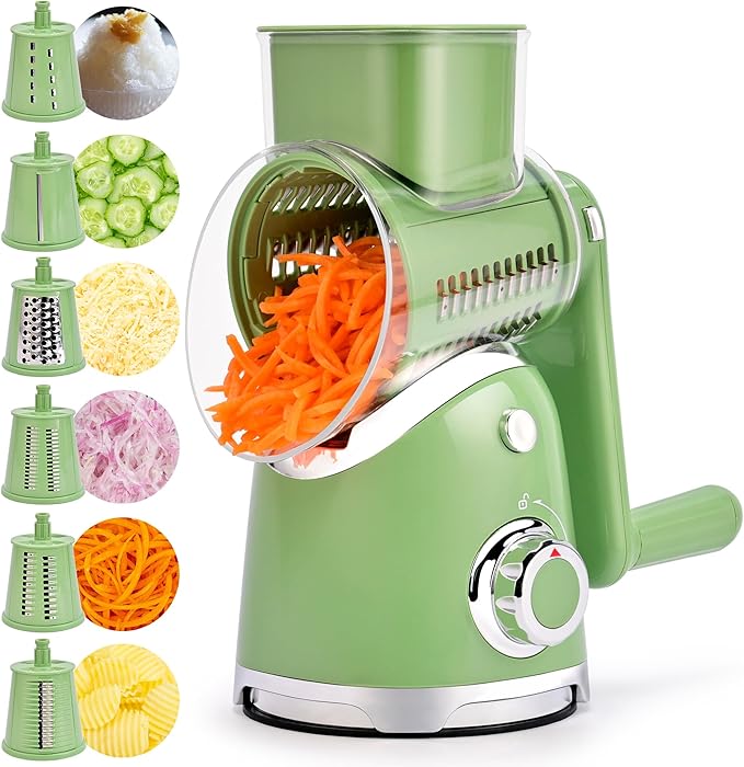 SUSTEAS Rotary Cheese Grater with Handle,Vegetable Slicer with 6 Interchangeable Blades, Reinforced Suction,Easy to Clean,Kitchen Chopper for Crushed Ice,Fruits and Nuts with Blade Storage Case,Green