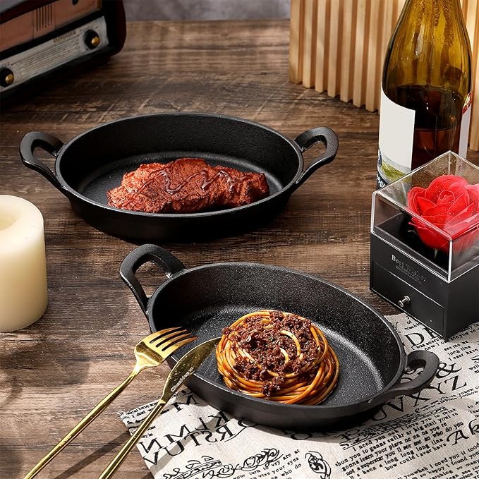 Mifoci 2 Pcs Oval Serving Dish Mini Cast Iron Skillet Cast Iron Baking Pan Sizzling Plate Matte Black Gratin Cookware for Home Restaurant Kitchen Food Service Barbecue (10.8" X 6.1")