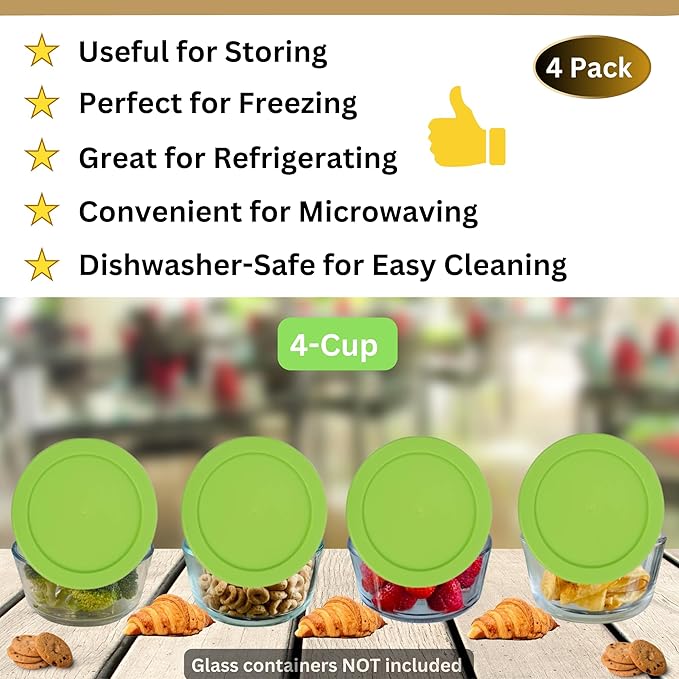 4 Cup/950 mL Spring Green Replacement Lids/Covers for Pyrex 7201-PC, 4 Cup/32oz Anchor Hocking & Klare Ware Storage Bowls *Lids Only* - *Glass Container Not Included* (4 Pack, Spring Green)