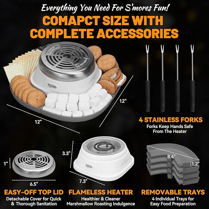 Smores Maker Tabletop Indoor Kit, Indoor Marshmallow Roaster, Flameless Electric S'mores Maker, Smores Maker with 4 Detachable Tray & Roasting Sticks, Gift for family & Date Night, Grey