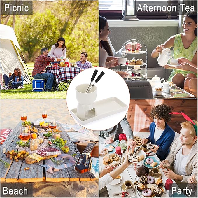 150ML Ceramic Butter Warmer Set with Ceramic Rectangle Dish, Mini Fondue Pot Melting Pot Set, Melt Hot Pot Bowl Set For Cheese Chocolate Butter Caramel, with 2 Forks