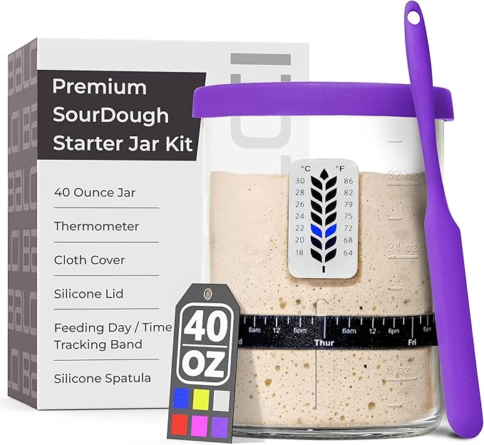 Premium Sourdough Starter Jar - 40oz Large Sourdough Jar with Marked Feeding Band, Thermometer, Scraper, Cloth Cover and Silicone Lid/Base, Wide Mouth Starter Kit - Purple