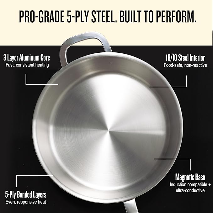 Alva Maestro 5-Ply Stainless Steel Frying Pan with Glass Lid 11" - Oven Safe and Made without PFAS, PFOA & PTFE - Induction and All Stovetop Compatible with Even Heat Distribution