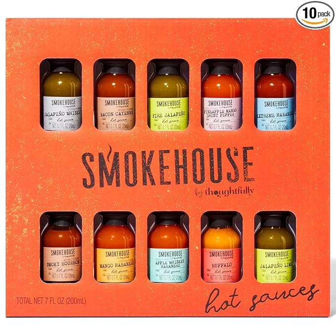 Smokehouse by Thoughtfully, Gourmet Hot Sauce Gift Set, Flavors Include Mango Habanero, Buffalo, Bacon Cayenne, Smoky Bourbon, Fire Jalapeño and More, Hot Sauce Variety Pack, Set of 10