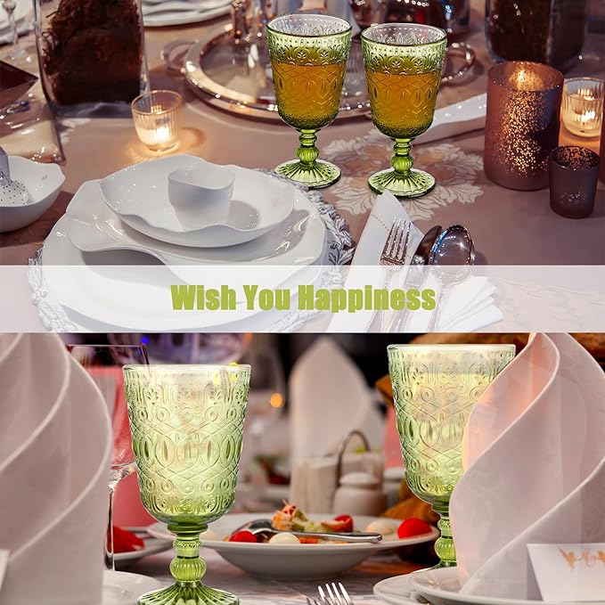 Eaasty Wine Glasses Set of 12 Vintage Goblet 9 oz Vintage Colored Glass Goblet Beverage Stemmed Glass Cups Romantic Embossed Glassware for Wedding Party Holidays Anniversary (Green)