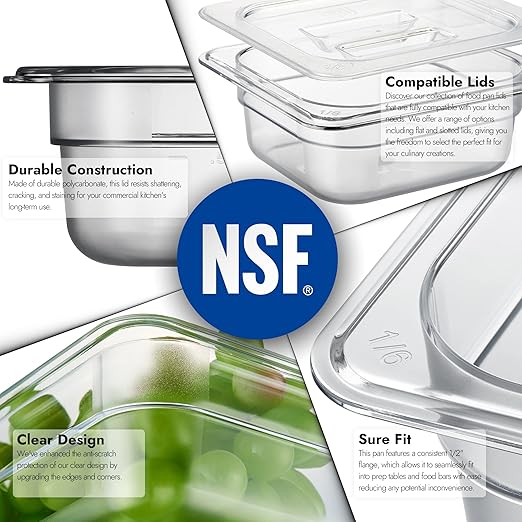 CURTA 6 Pack NSF Food Pans, 1/6 Size 2 1/2 Inch Deep, Commercial Polycarbonate Plastic Clear Freezer-Safe