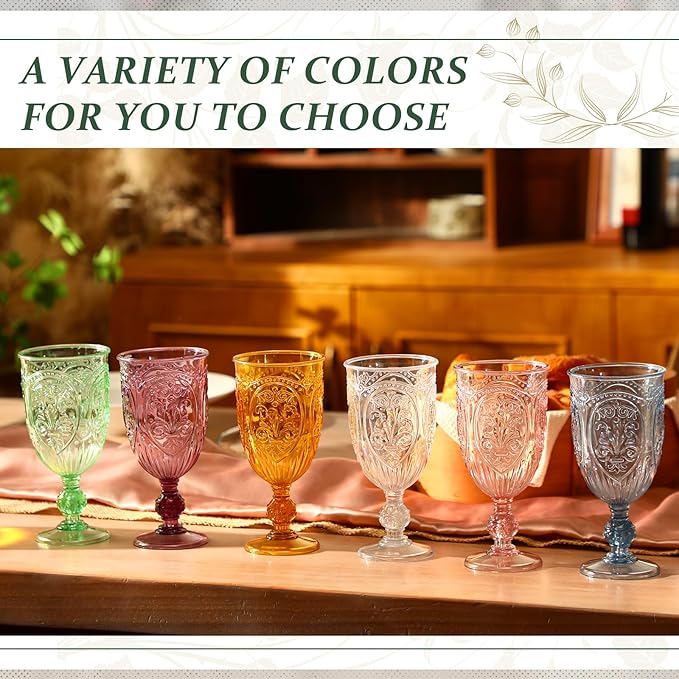 60 Pack Plastic Goblets 10oz Upgrade Vintage Water Goblet Plastic Wine Glasses Colored Retro Embossed Glassware for Party Wine Bar Juice Baby Shower Wedding Reception Grand (Amber)