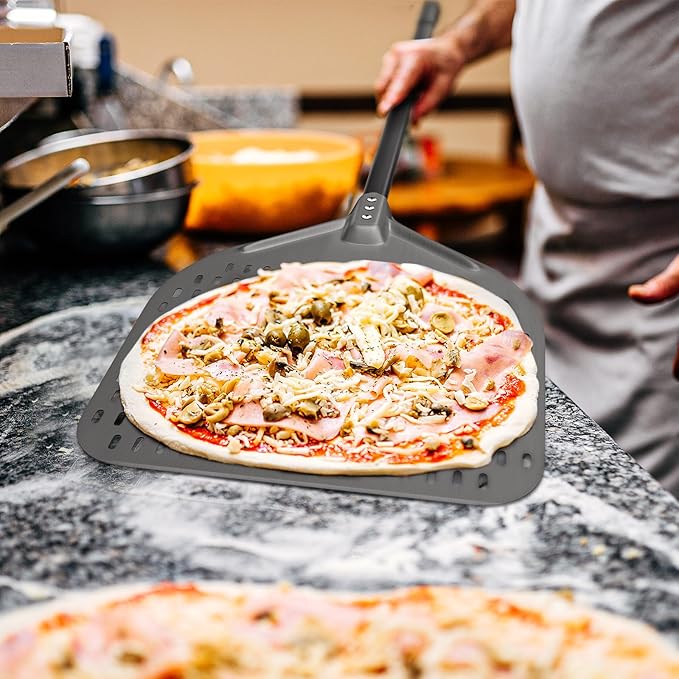 G.a HOMEFAVOR 14" x 17" Perforated Pizza Peel 49 Inch overall, Rectangular Aluminum Pizza Turning Peel with Extended Silcone Handle For Baking Pizza Brick Oven