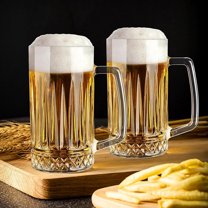 Beer Mug Set of 2, 20oz Crystal Beer Glasses with Handle, Glass Beer Mugs for Freezer, Gifts for Men