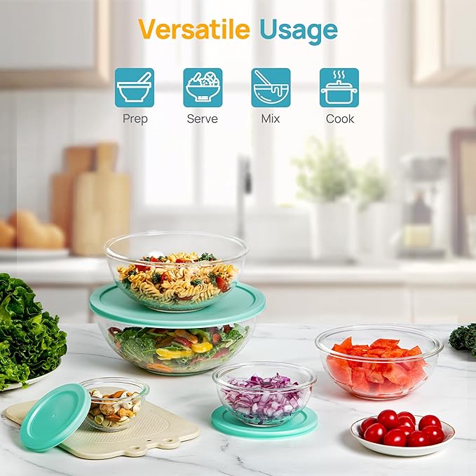 Vtopmart 5 Pack Glass Mixing Bowls with Plastic Lids Set (3.75/2.1/1.1/0.5/0.2 QT), Salad Bowl Set, Nesting Kitchen Bowls for Serving, Prepping, Cooking and Baking, Dishwasher & Microwavable Safe