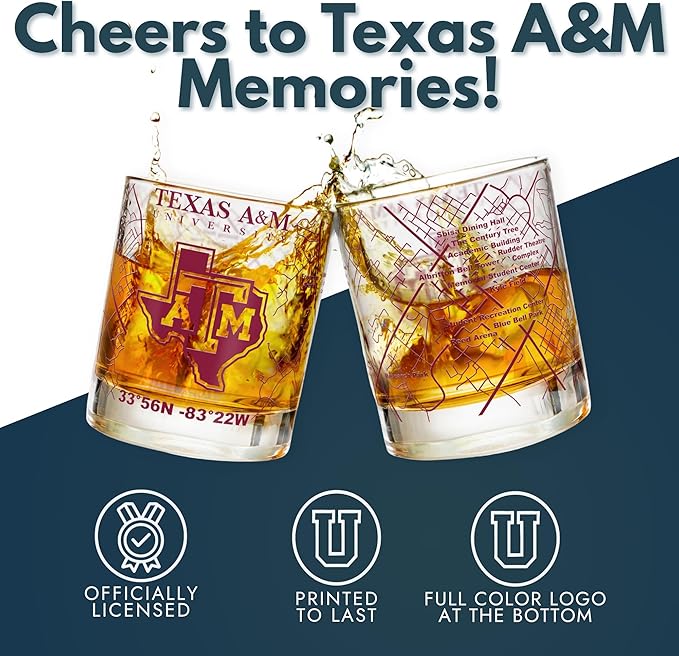 Greenline Goods – University of Texas A&M Aggies College Whiskey Glasses (Set of 2), 10 oz – Full-Color Logo + Campus Map