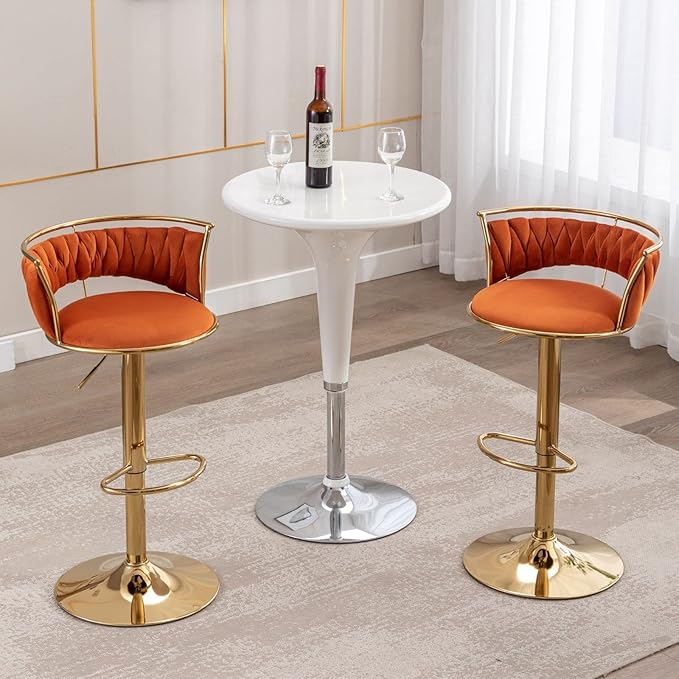 LukeAlon Velvet Adjustable Barstools Set of 4, Modern 360° Swivel Counter Stools with Golden Base Upholstered Open Back Tall Bar Chairs with Footrest for Home Kitchen, Orange