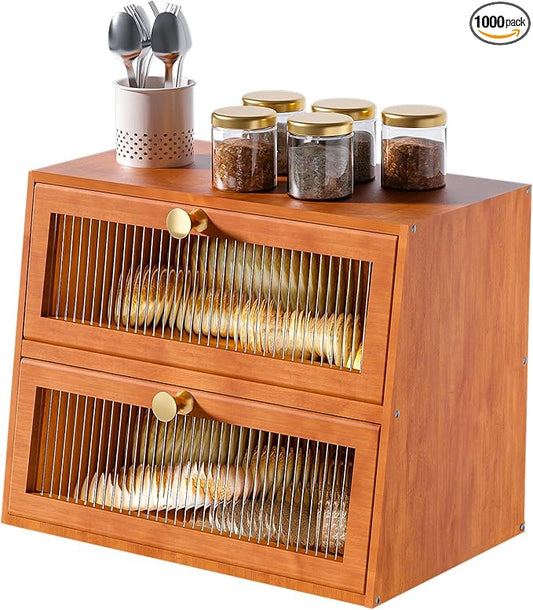 Bread Box for Kitchen Countertop Wooden Bread Bin Farmhouse Bread Storage Container Large Breadbox Holder with Window (Brown)