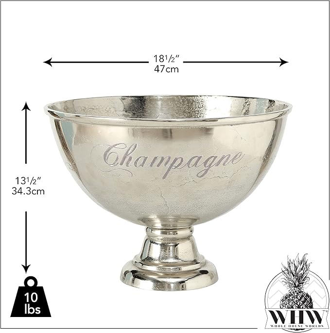 WHW Whole House Worlds Luxury Champagne Bucket with Old World Panache, Elegant Script Text Details, Hand Cast of Silver Aluminum, Pedestal Base, Party Sized, 18.5 Inches Diameter, 13.5 Inches Tall