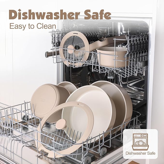 SENSARTE 24 Piece Ceramic Pots and Pans Set, Nonstick Detachable Handle Cookware, Induction Cookware Set with Removable Handle, Healthy Non Stick for RV, Dishwasher＆Oven Safe, PFOA Free (Almond Beige)