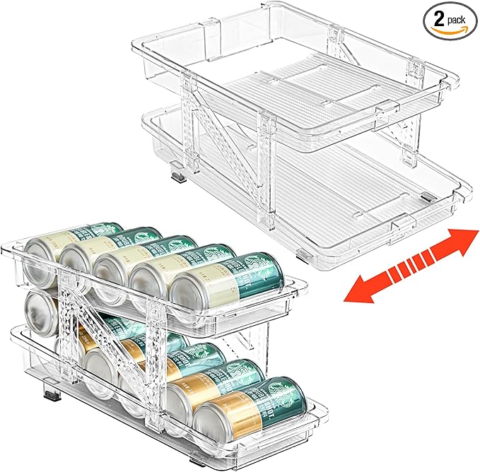 Soda Can Dispenser Organizer for Refrigerator and Pop Can Holders Drink Storage Wide Adjustable (2-Pack Clear)