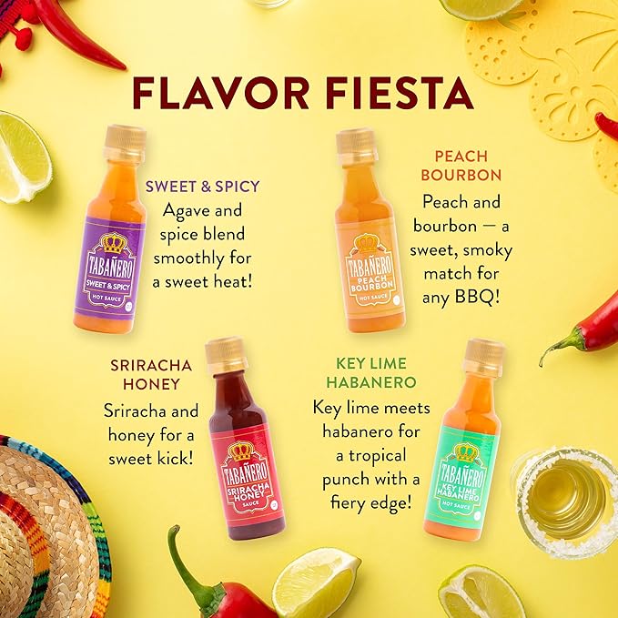 Tabañero Variety Hot Sauce Gift Set, 4 Pack, Kit Includes Peach Bourbon, Sriracha Honey, Key Lime Habanero, Sweet & Spicy, 1.7 oz Mini Glass Bottles, All Natural, Gluten Free, Low Sodium, Vegan, Kosher, Made in the USA
