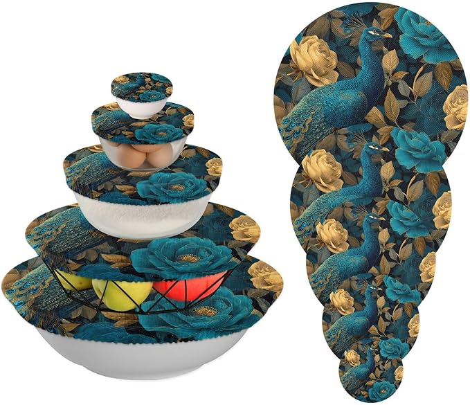 5 Pcs Bowl Covers Reusable in 5 Size Elastic Food Cover Cloth Lids Fresh Keeping Dish Cookware Bakeware Fabric Covers Lids for Food Leftovers Fruits Storage Peacock and Teal Gold Roses