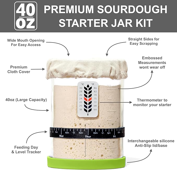 Premium Sourdough Starter Jar - 40oz Large Sourdough Jar with Marked Feeding Band, Thermometer, Scraper, Cloth Cover and Silicone Lid/Base, Wide Mouth Starter Kit - Green