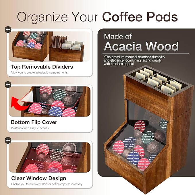 Acacia Wood Coffee Pod Holder, Convenient K Cup Organizer with Clear Window, Coffee Pod Organizer with Top Removable Dividers