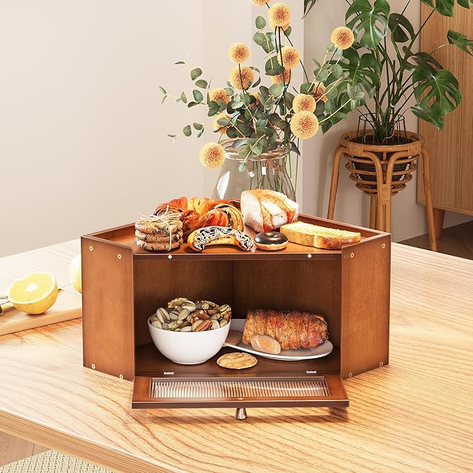 Corner Bamboo Bread Box for Kitchen Counter Large Capacity Rustic Bread Storage Container with Wavy Arcylic Transparent Door Vintage Storage for Homemade Bread (Brown)