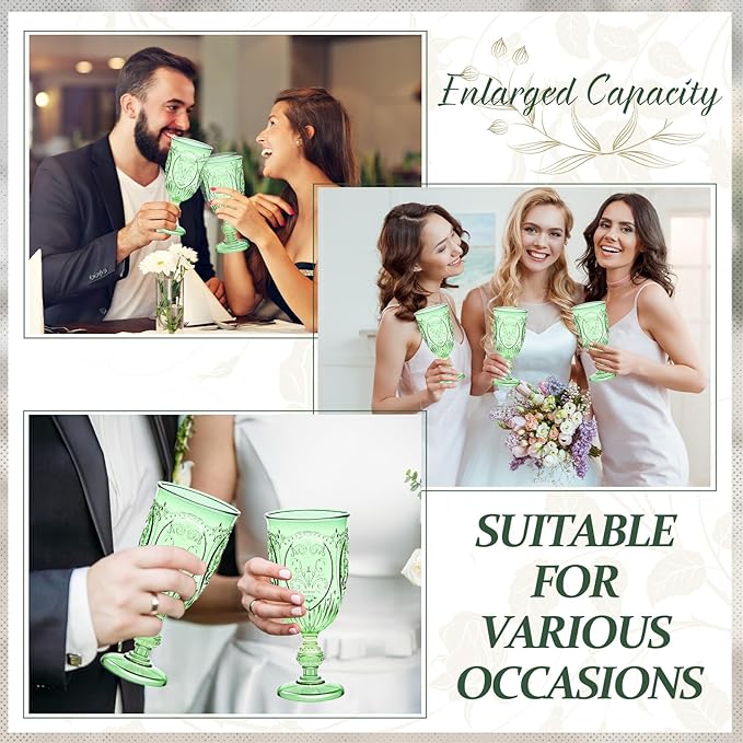 18 Pack Plastic Goblets 10oz Upgrade Vintage Water Goblet Plastic Wine Glasses Colored Retro Embossed Glassware for Party Wine Bar Juice Baby Shower Wedding Reception Grand (Green)