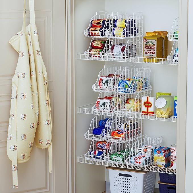 Stackable Pantry Can Dispenser Baskets 3-Pack, Standing Beverage Drink Pop Soda Can Storage Organizer Bin with Handles, Foldable Canned Food Holder for Kitchen Countertop Cabinet White