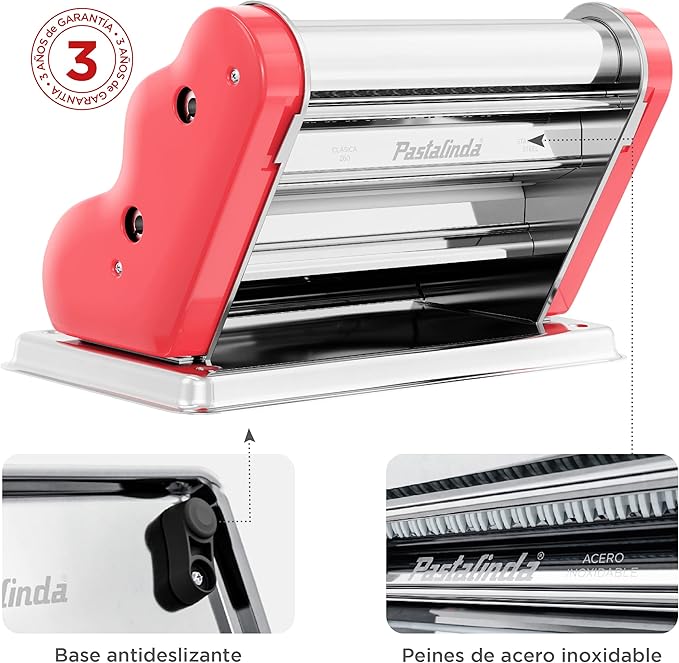 PASTALINDA Classic 260 Pasta Maker Machine, 26 cm Wide Rollers, 9 Thickness Positions, 2 Cutting Positions, Stainless Steel. Includes Reinforced Hand Crank And Two Clamps (Coral)