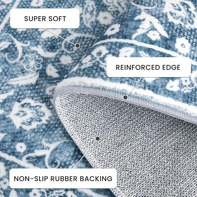 Vintage Runner Rugs for Hallway 3x10, Blue and White Washable Long Hallway Runner Rug Non Slip, Super Soft Kitchen Runner Rug, Print Faux Wool Floral Thin Carpet Hall Runner