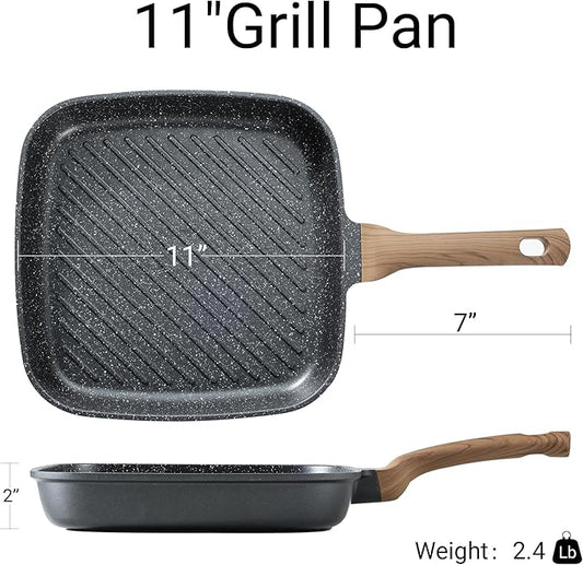 CAROTE 11 Inch Nonstick Grill Pan for Steak - Premium Granite Nonstick Coating, Square Grill Skillet, Indoor Outdoor RV Camping Use, Gas & Induction Safe, All Stovetops Compatible, PFOA Free, Black