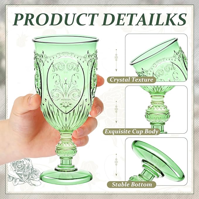 48 Pcs Plastic Goblets 7.5oz Vintage Goblet Plastic Wine Glasses Colored Retro Embossed Water Goblets for Wine Bar Juice Baby Shower Wedding Reception Grand Event Party (Light Green)
