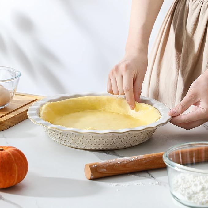 MALACASA Pie Dish for Baking, Stoneware Pie Pan 9 Inch, Embossed Deep Dish Pie Pans, 45 OZ Round Baking Dish Pie Pan, Fluted Dish Pie Plate for Apple Pie, Quiche and Tart, Set of 1, Series LYDIA