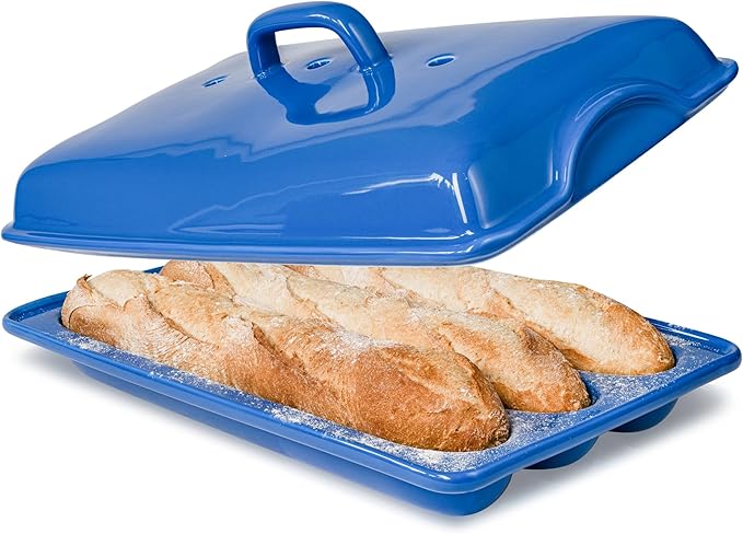 Baguette Pan with Lid for French Bread – 3 Slot Blue Bread Baker Tray – Ceramic Baguette Mold for Sub Rolls, Hoagie, Italian Loaf – Easy-Lift Handle & Vented Crisp Crust Baking