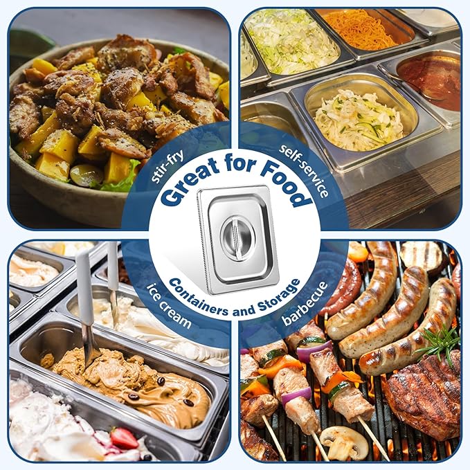 6 Pcs Notched Hotel Pan Cover Stainless Steel 1/6 Size Food Pan Lids with Handle Steam Pan Covers for Restaurant Hotel Commercial Food Storage Containers Covers