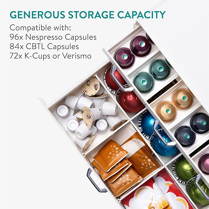 Navaris Coffee Pods Holder in Cream - Coffee Machine Stand and Pod Capsule Storage Drawer - Capsule Holders with 4 Drawers for Maximum Organisation - Easy to Clean - Modern Design