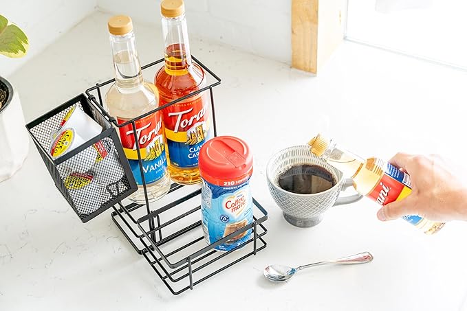 Bella Beau Coffee Syrup Organizer, Coffee Syrup Dispenser, w/Moveable Mesh, Syrup Rack, Tea Station Stand for Countertop, Holds 4 Bottles, Tea Bar Accessories for Countertop