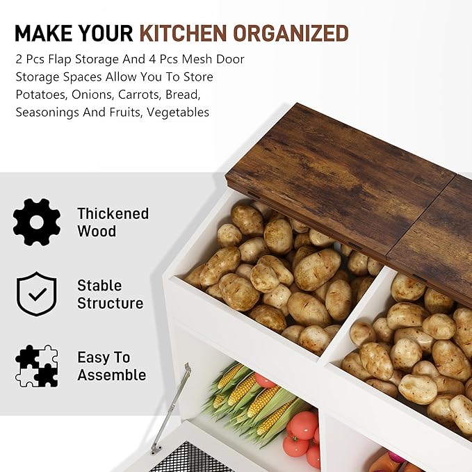 Large Wood Veggie Bin for Potato,Bread,Onion With 6 Large Storage Space. Root Vegetable Storage Box For Kitchen, Farmhouse Wood Potato Box With 4 Mesh Doors,32 * 12.4 * 36 INCH(White)