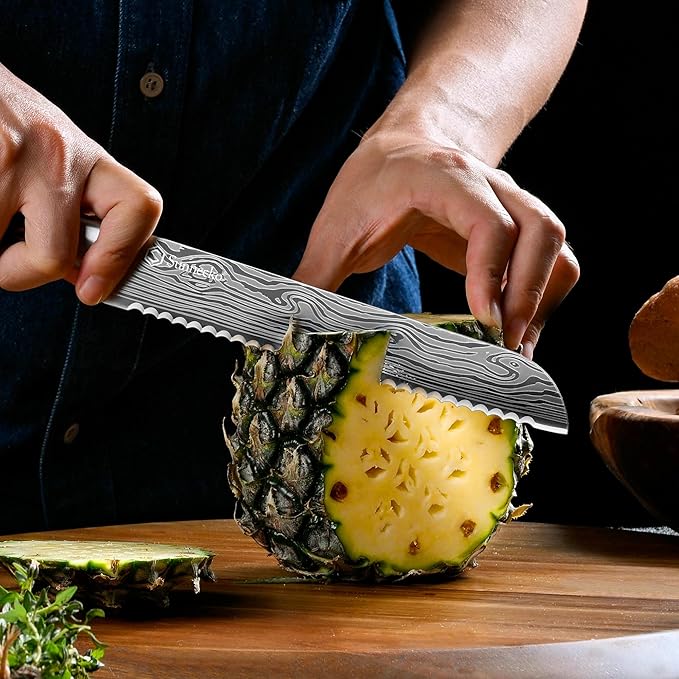 Sunnecko Bread Knife 8 Inch, High Carbon Stainless Steel Serrated Bread Knife for Homemade Bread, Wedding Cake Knife with Wooden Handle Serrated Kitchen Knife with Sheath