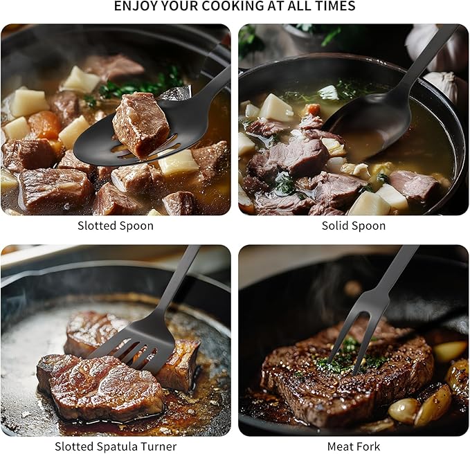 304 Stainless Steel Cooking Utensils Set, 8PCS Kitchen Utensils Set, Include Skimmer, Soup Ladle, Spaghetti Server, Wok Spatula, Slotted Spoon, Solid Spoon, Slotted Spatula Turner & Meat Fork, Black