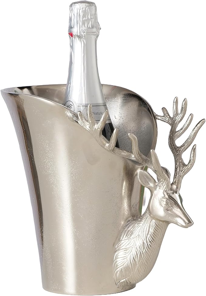 WHW Whole House Worlds Luxury Stag Head Champagne Bucket, Asymmetrical Flared Opening, Hand Cast, Silver Aluminum, Gleaming Polish, 9 Inches