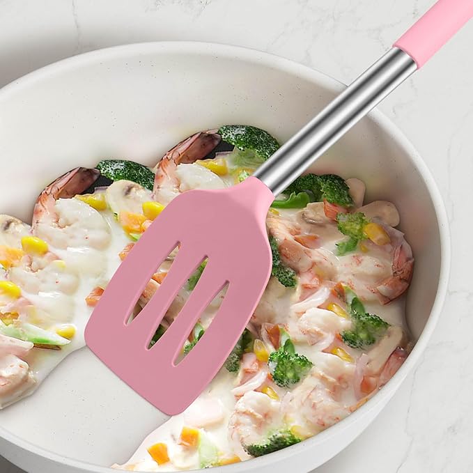 LIANYU Silicone Kitchen Utensils Set of 6, Cooking Utensils Spatula Set for Nonstick Cookware, Heat Resistant Kitchen Gadgets Tools, Stainless Steel Handle, Pink