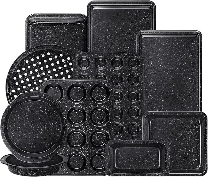 10-Piece Baking Pans Set, Bakeware Sets Nonstick, Baking Set for Oven Cooking, Stackable Carbon Steel Set Include Cookie Sheets, Muffin Pan, Cake Pan, Pizza Pan, Loaf Pan, Roasting Pan, Black