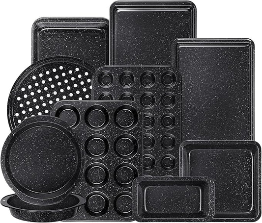 10-Piece Baking Pans Set, Bakeware Sets Nonstick, Baking Set for Oven Cooking, Stackable Carbon Steel Set Include Cookie Sheets, Muffin Pan, Cake Pan, Pizza Pan, Loaf Pan, Roasting Pan, Black