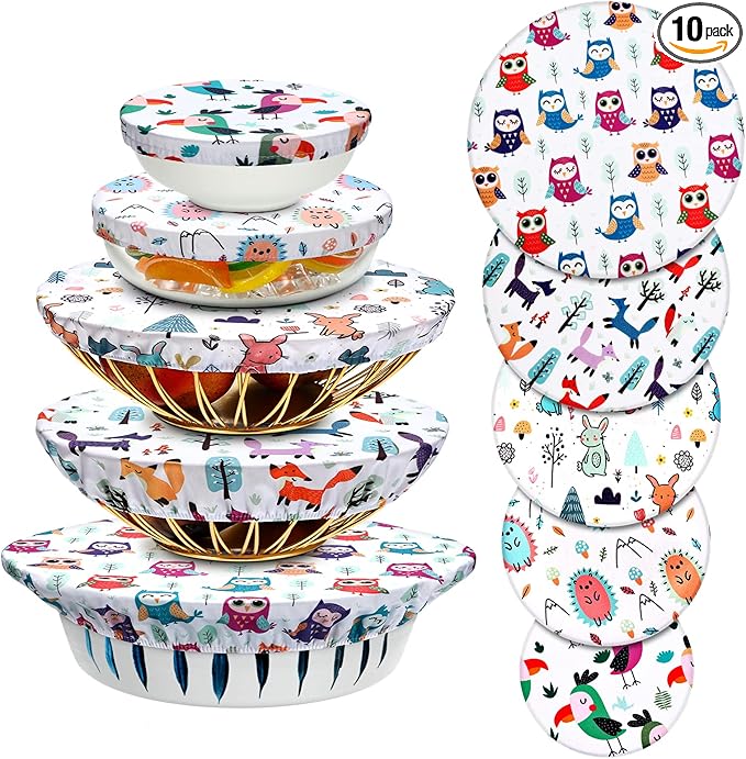 Patelai 10 Pcs Bowl Covers Reusable in 5 Size Stretch Cloth Fabric Elastic Food Storage Bowl Covers Bread Sourdough Lids for Proofing Food Fruits Leftover(Cute Style)