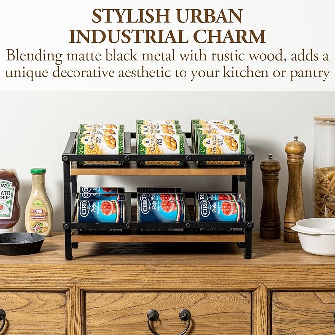 MyGift 2-Tier Canned Goods Organizer for Pantry, Urban Industrial Matte Black Metal and Rustic Burnt Solid Wood Countertop Can Holder Storage Dispenser Rack, Holds 10 to 15 oz Can Sizes