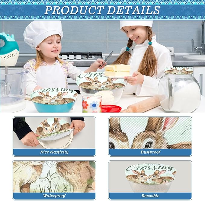 5 Pcs Bowl Covers Reusable in 5 Size Elastic Food Cover Cloth Lids Fresh Keeping Dish Cookware Bakeware Fabric Covers Lids for Food Leftovers Fruits Storage Easter Bunny Flowers Plant