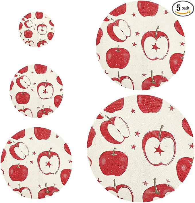 5 Pcs Bowl Covers Reusable in 5 Size Elastic Food Cover Cloth Lids Fresh Keeping Dish Cookware Bakeware Fabric Covers Lids for Food Leftovers Fruits Storage Red Apple Stars